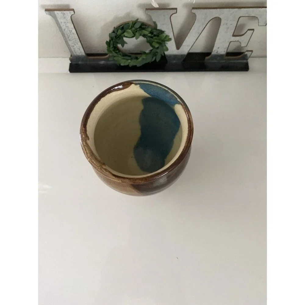 Blue and Brown Glazed Rare Signed by Artist Jen O MCM Studio Art Pottery Vase 5